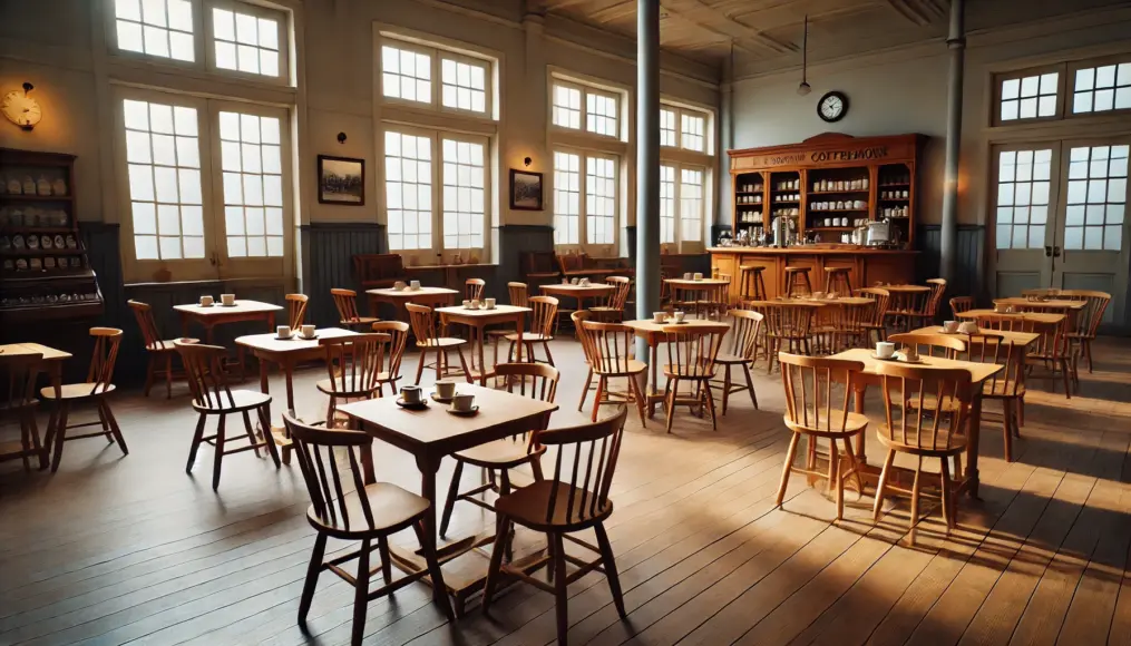 A recreation of a 19th-century Italian coffeehouse. Wooden tables and chairs are neatly arranged, featuring a simple yet classic interior design.