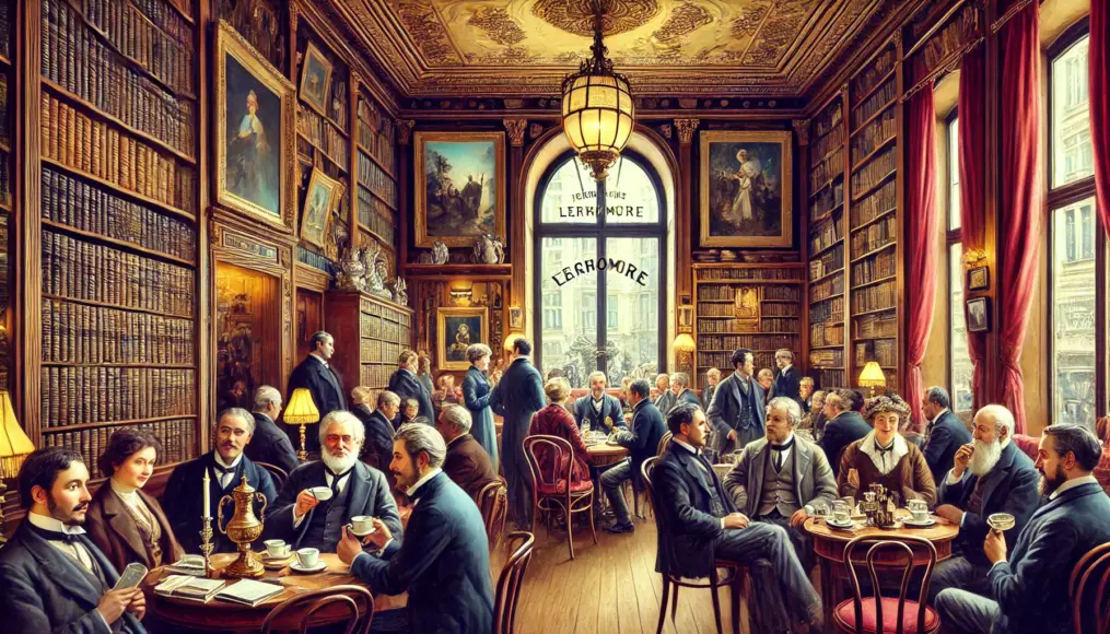 Intellectuals discussing art in a 19th-century café