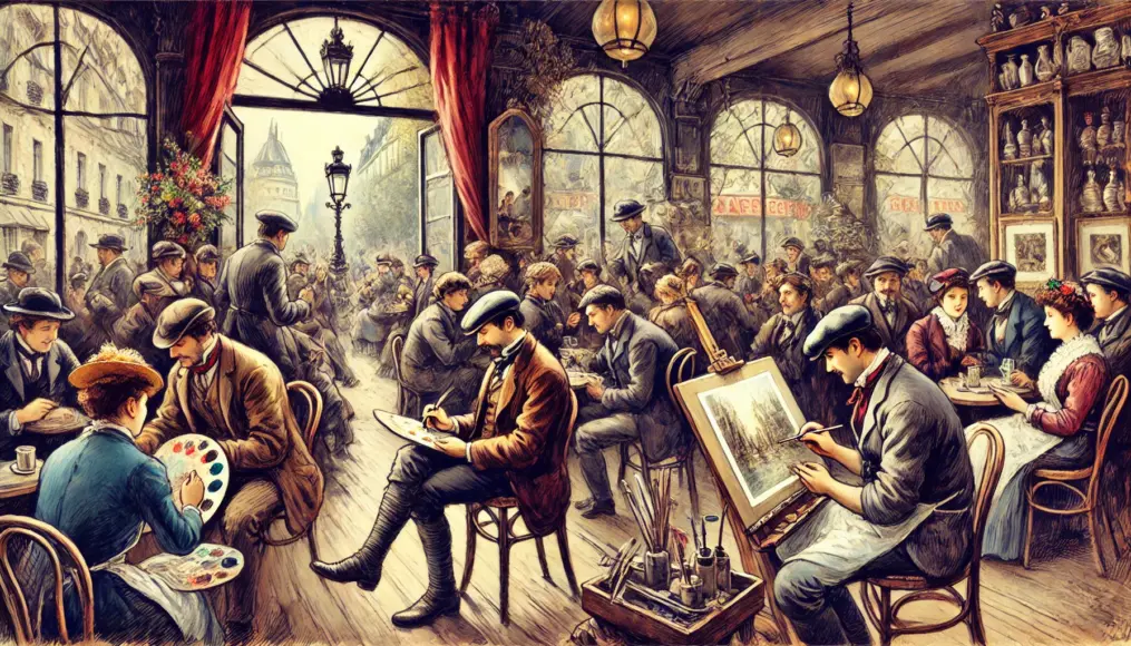 Painters sketching in a 19th-century café