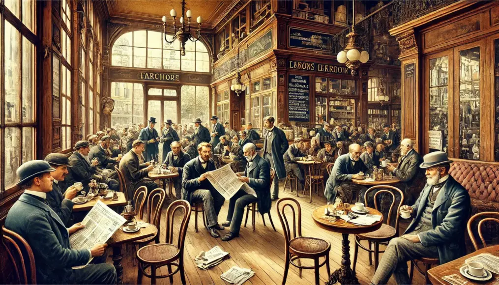 19th-century citizens conversing in a café