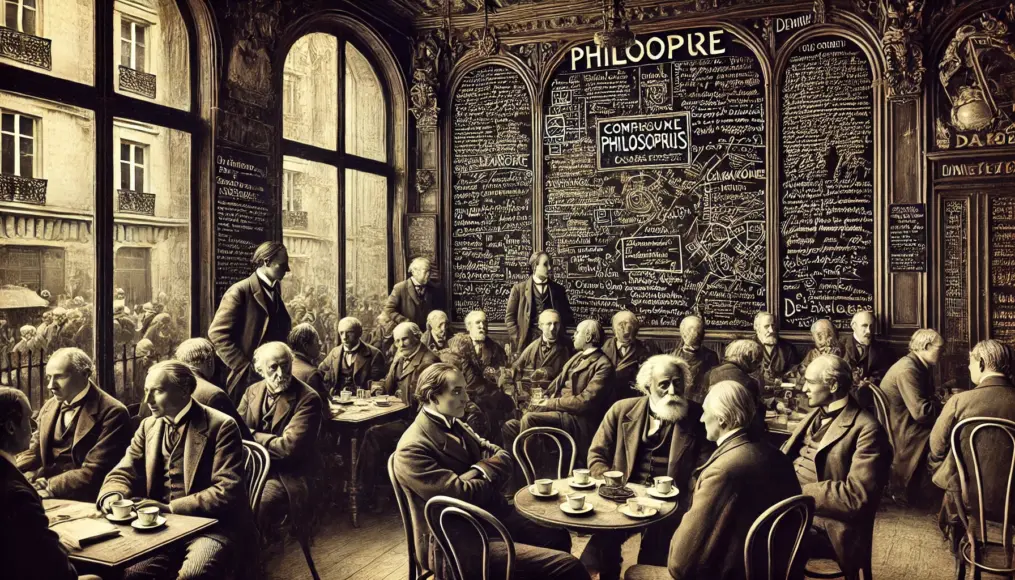 Intellectuals debating in a 20th-century café