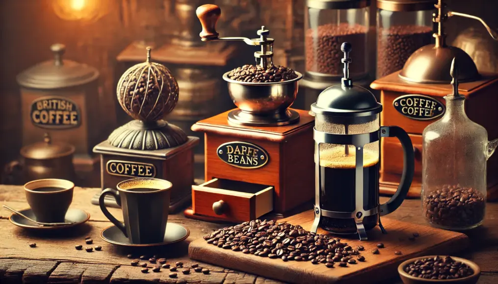 A coffee counter displaying dark roast beans, a French press, and a siphon for brewing authentic British-style coffee.