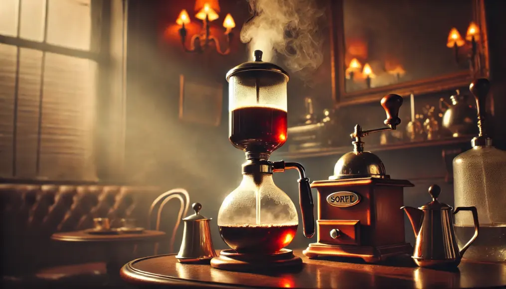 A traditional siphon coffee brewing setup with steam rising from the glass apparatus, creating an elegant, old-world ambiance.