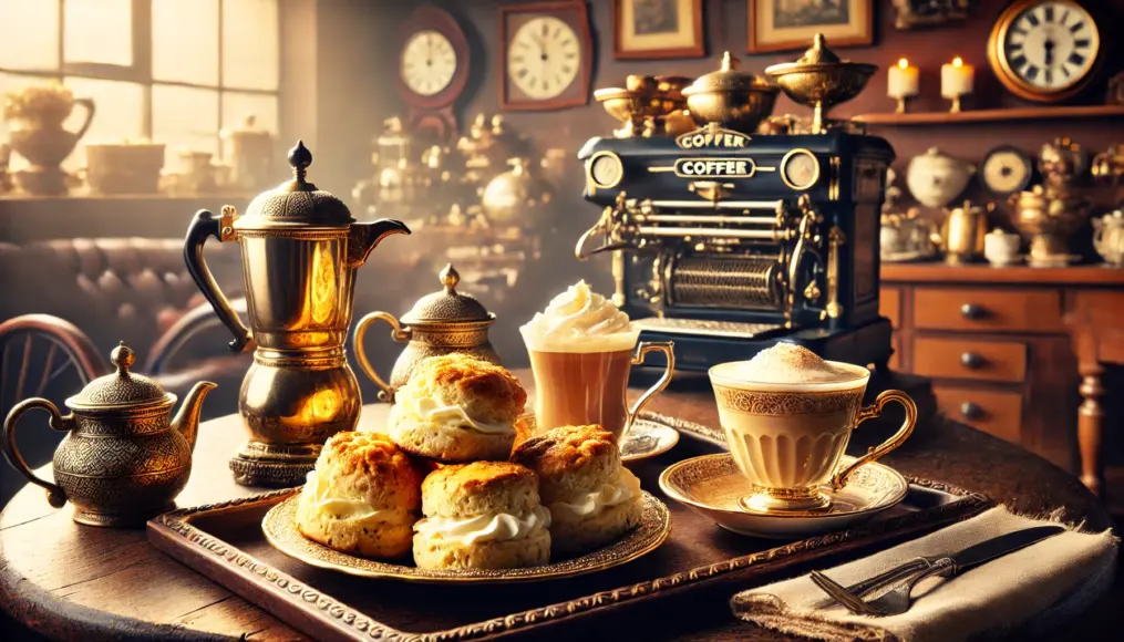 A beautifully arranged tea set with scones and clotted cream, accompanied by a traditional British coffee, capturing the historic café culture.