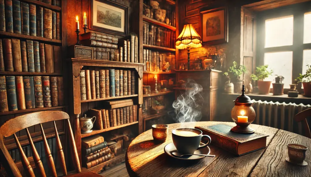 A cozy home café corner with antique wooden furniture, a bookshelf filled with old books, and warm, vintage lighting.