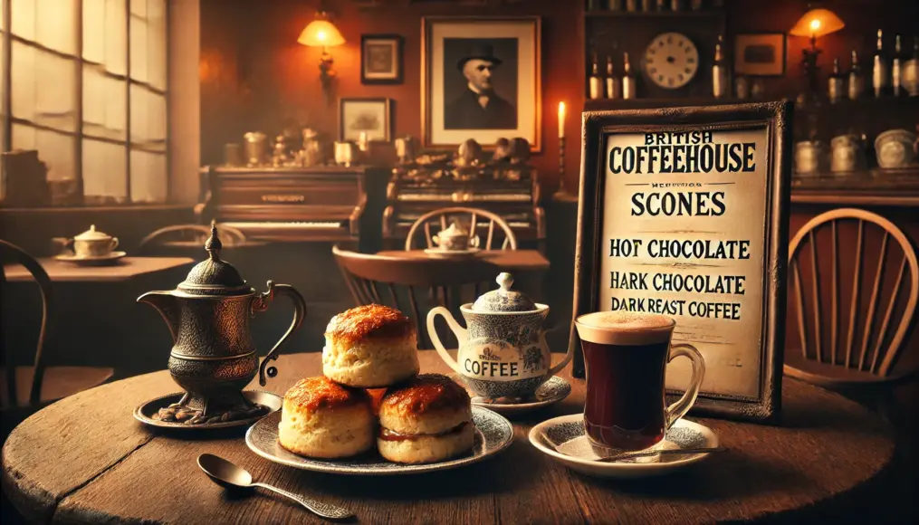 A table showcasing a traditional British coffeehouse menu, including scones, hot chocolate, and dark roast coffee.