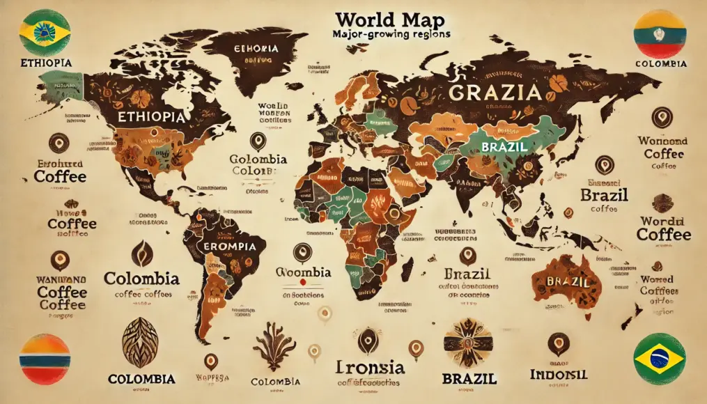 A map highlighting major coffee-producing regions with descriptions of their flavor profiles