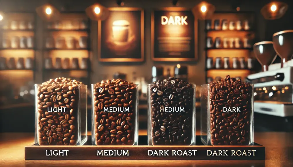 A display comparing coffee beans of different roast levels, showcasing their color and texture