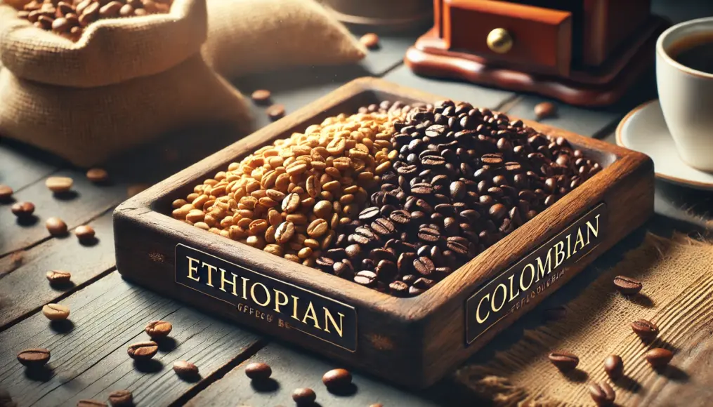 A wooden tray displaying Ethiopian and Colombian coffee beans