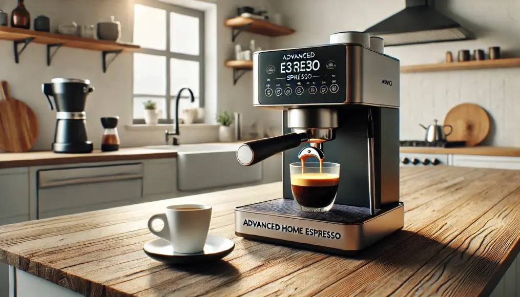 Advanced home espresso machines. A compact and modern design displayed in a kitchen setting, emphasizing functionality and style.