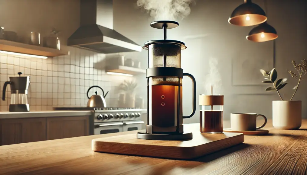 An AeroPress setup with steam rising as coffee is being brewed on a modern countertop.