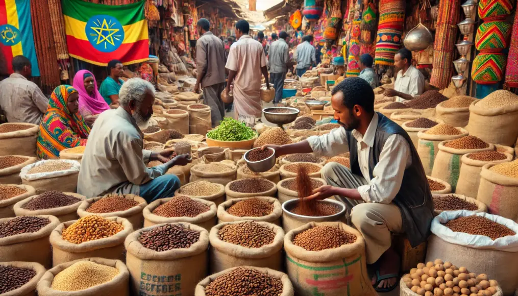 A coffee market displaying Ethiopian and Indonesian beans, with buyers sampling the aroma before purchasing.