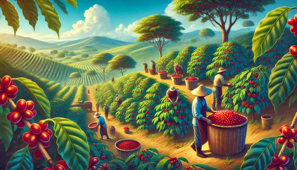 A lush African coffee farm where farmers are harvesting fully ripe cherries under a clear blue sky. The scene depicts careful manual work in a beautiful and vibrant setting.