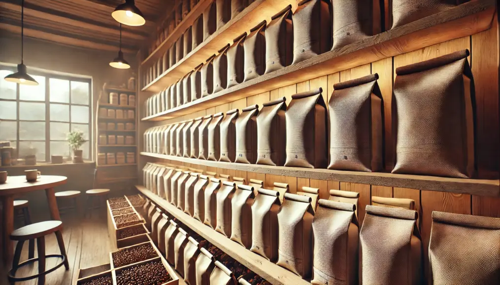 Airtight coffee packaging. Rows of coffee bags with light-blocking materials.