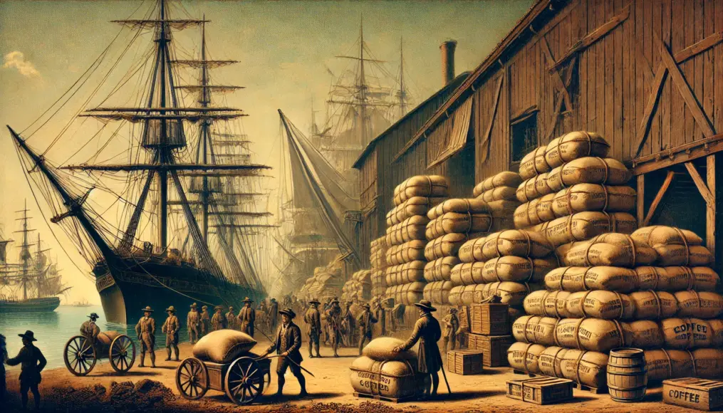 Bags of coffee beans stacked in an early 19th-century American port