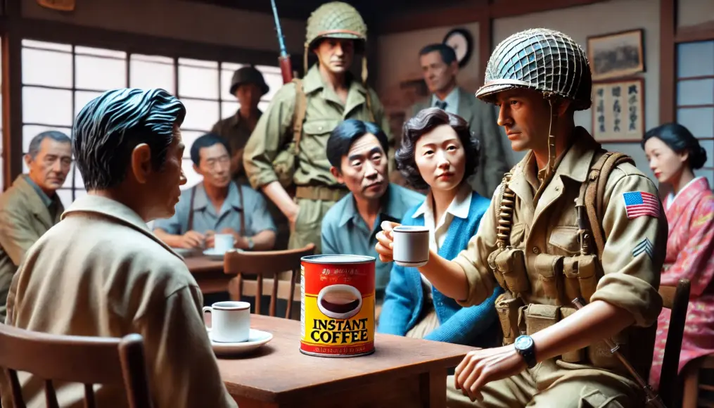 U.S. military personnel and Japanese citizens drinking coffee together. A can of instant coffee is on the table, and a Japanese person curiously examines it.