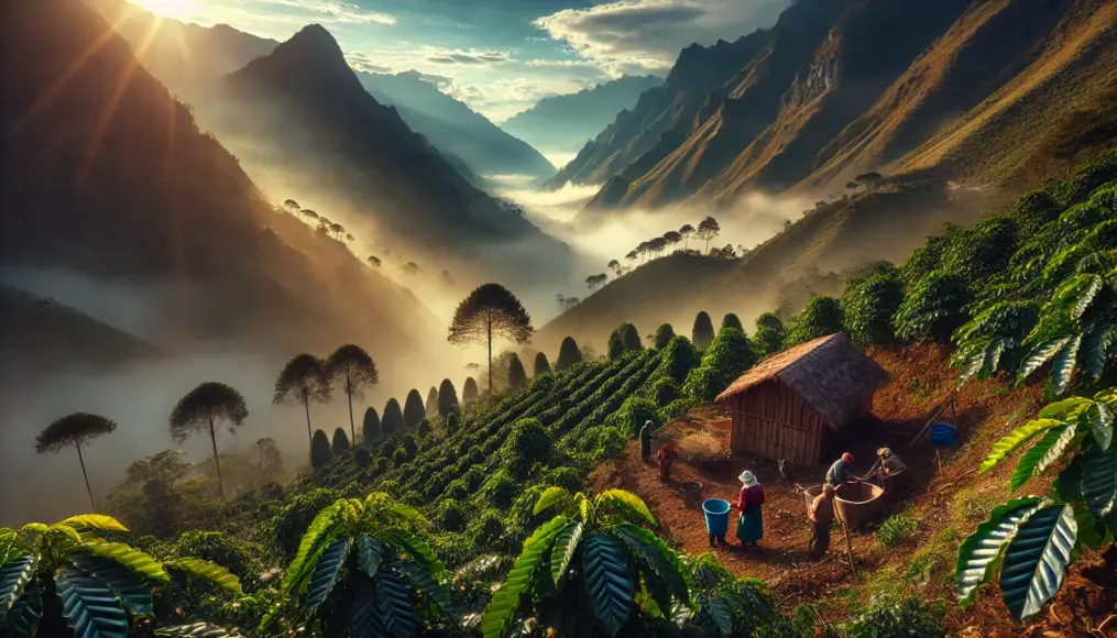 A coffee plantation in the Andes Mountains at 2,000 meters above sea level, covered in morning mist, with lush green coffee trees