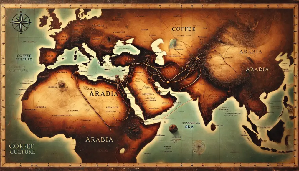 A map showing coffee culture spreading in the Arabian Peninsula