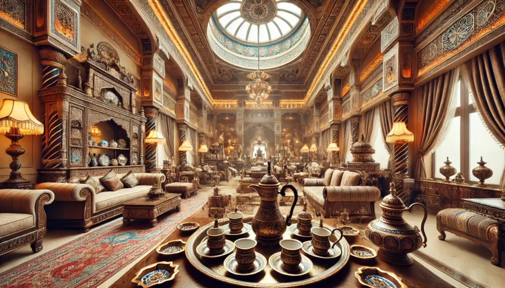 A European interior replicating Arabian coffee traditions, showcasing elegant coffeeware and table settings.