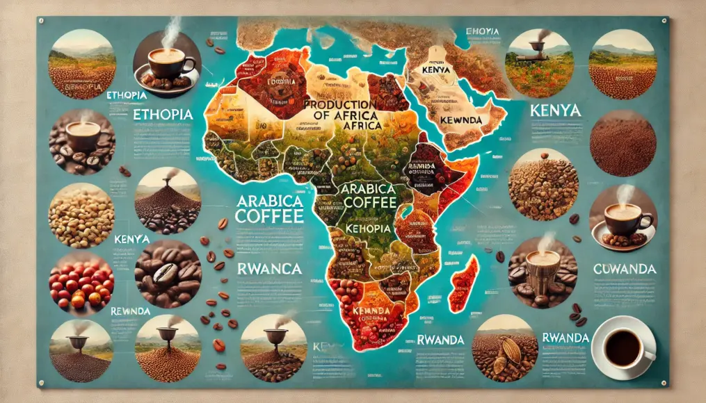 Illustration of African Arabica beans, focusing on Ethiopian and Kenyan profiles