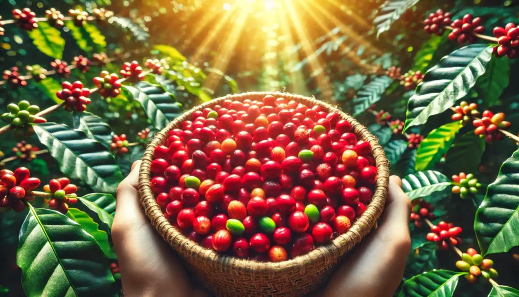 Freshly harvested Arabica coffee cherries in a farmer's basket, glowing red under natural sunlight.