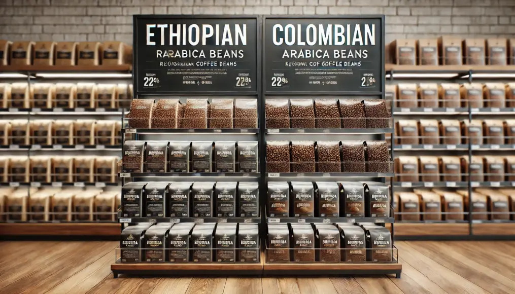 Shelves showcasing Ethiopian and Colombian Arabica coffee beans