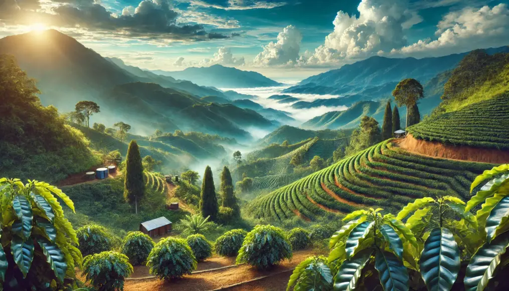 Lush, high-altitude landscapes where Arabica coffee is grown