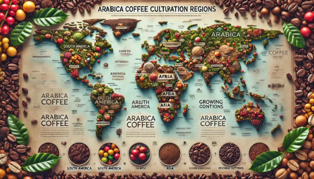 Map showing major growing regions and unique flavors of Arabica coffee