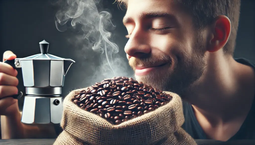 Person enjoying the aroma of fresh coffee beans