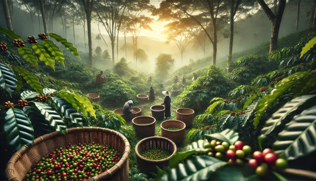 An Asian coffee farm where farmers are harvesting and processing coffee beans using traditional methods. The lush plantation and baskets filled with beans create an authentic and vibrant scene.