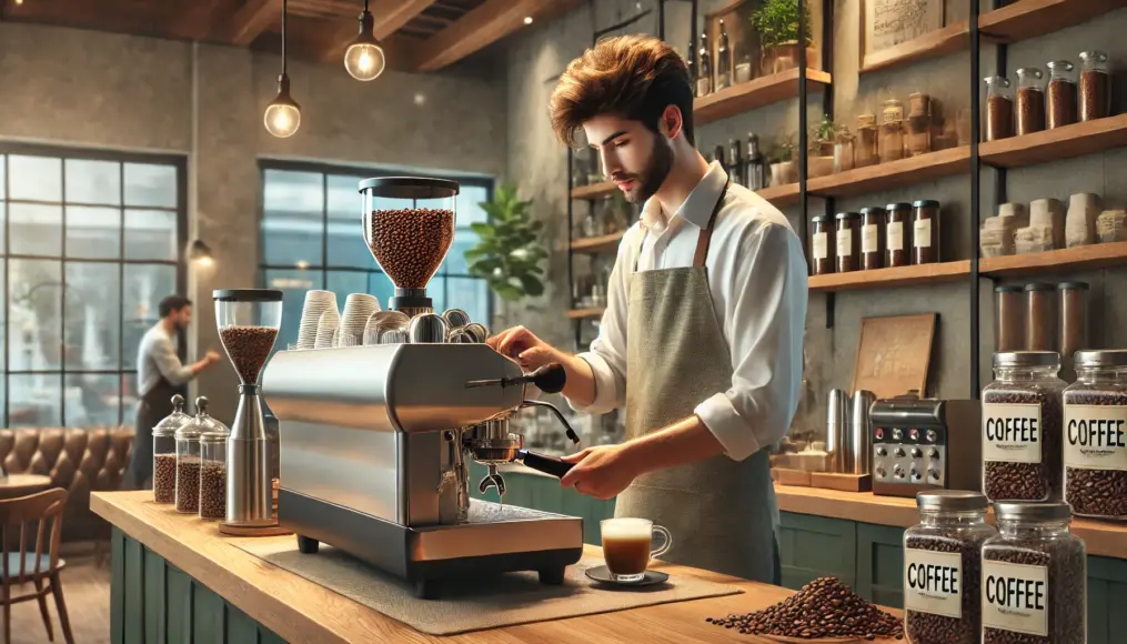 A barista in a specialty coffee shop carefully brewing coffee using an espresso machine. The café counter and shelves filled with coffee beans are realistically depicted.