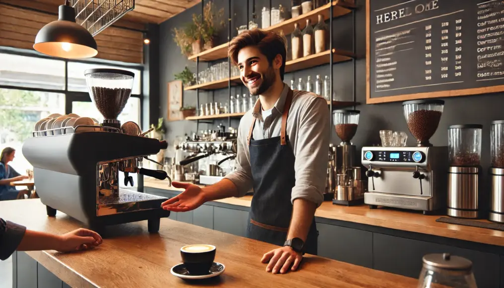 Barista discussing coffee at a café counter