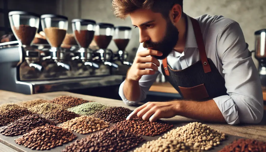 A barista comparing different types of coffee beans