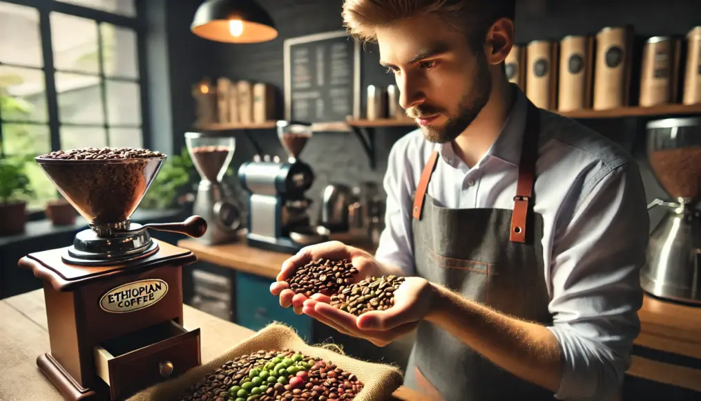 A barista holding Ethiopian and Brazilian coffee beans, considering the perfect balance