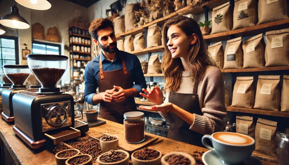 Barista explaining coffee beans to a customer