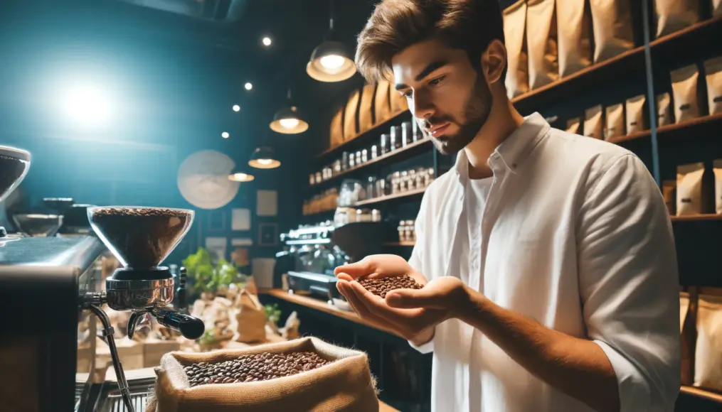 A barista carefully inspecting coffee beans