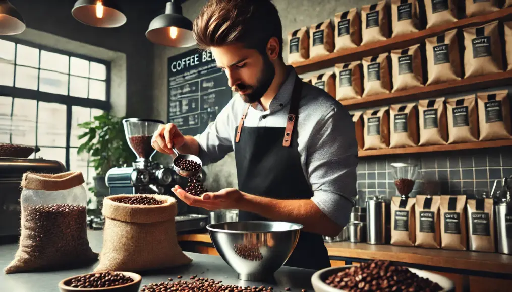 A barista carefully mixing different coffee beans to create a blend