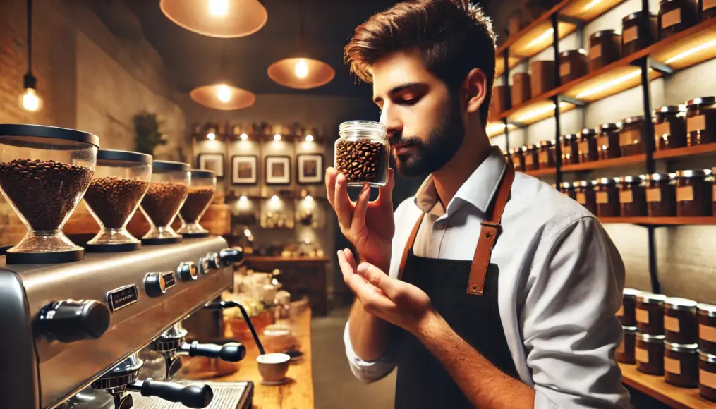 A barista smelling freshly roasted coffee beans