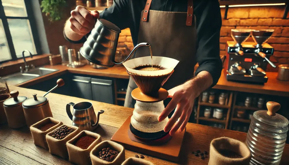 A specialty coffee barista carefully pouring water for a hand-drip coffee, showcasing meticulous brewing techniques.