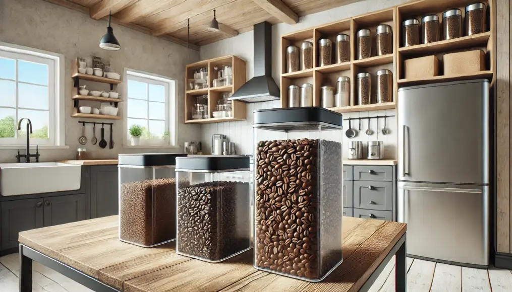 A photo showing coffee beans stored in airtight containers on a kitchen counter.