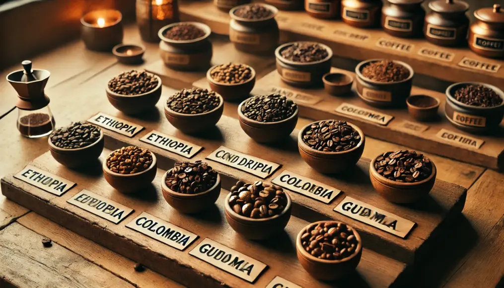 A wooden table displaying hand drip-friendly coffee beans