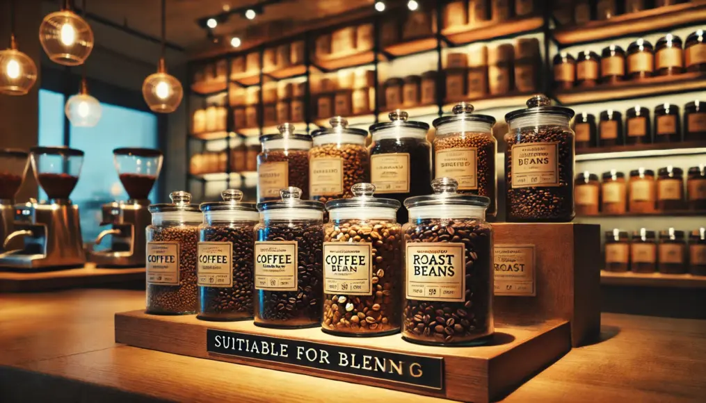 A coffee shop counter displaying different types of beans suitable for blending