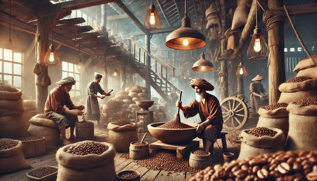 A traditional coffee blending process showcasing the origins of blended coffee