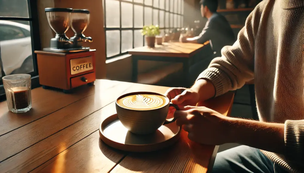 A café customer enjoying a creamy blend coffee with milk