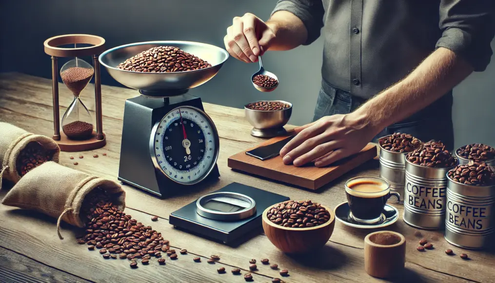 A scene of measuring and adjusting coffee bean ratios for a blend