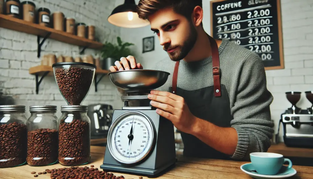 A barista measuring coffee bean weights while calculating blend ratios.