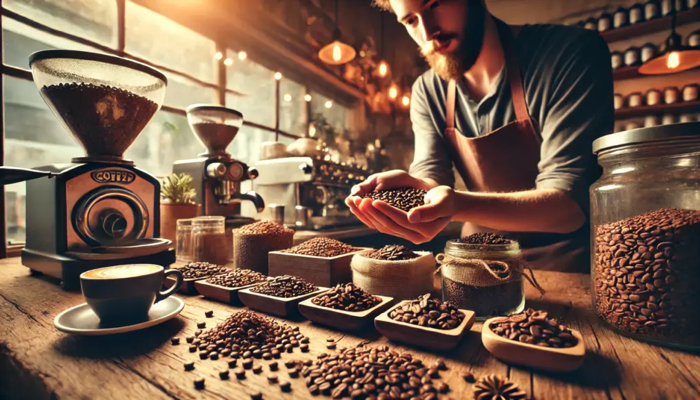 A barista blending different coffee beans. Various types of beans are mixed and poured into a cup, with a warm and inviting café atmosphere in the background.