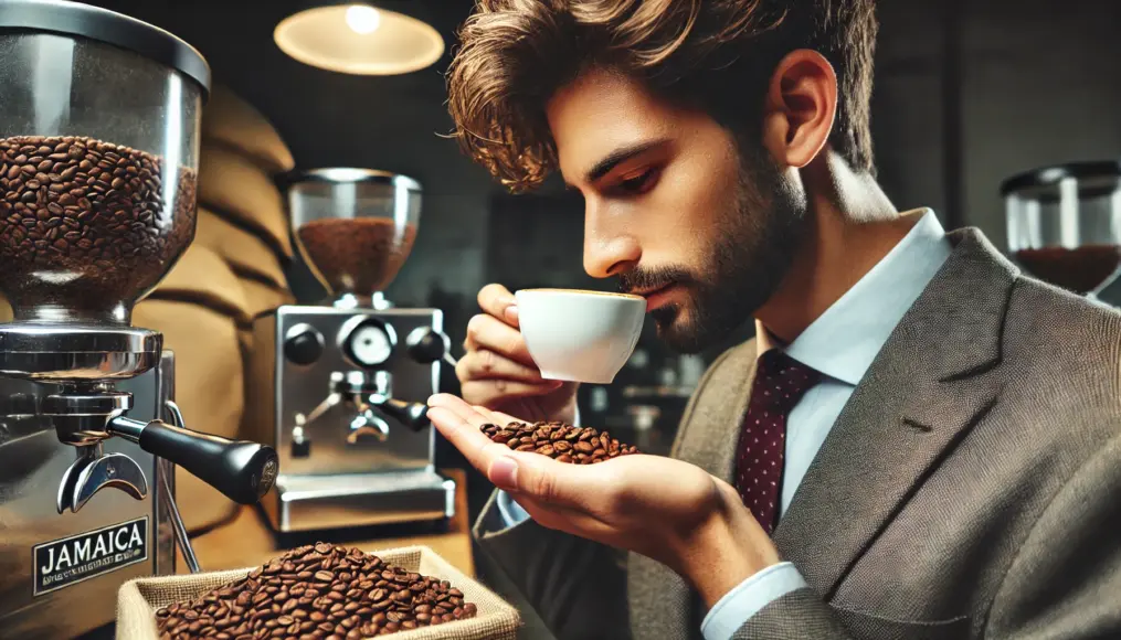 A barista evaluating the aroma of Jamaica Blue Mountain Coffee, carefully assessing its depth and balance