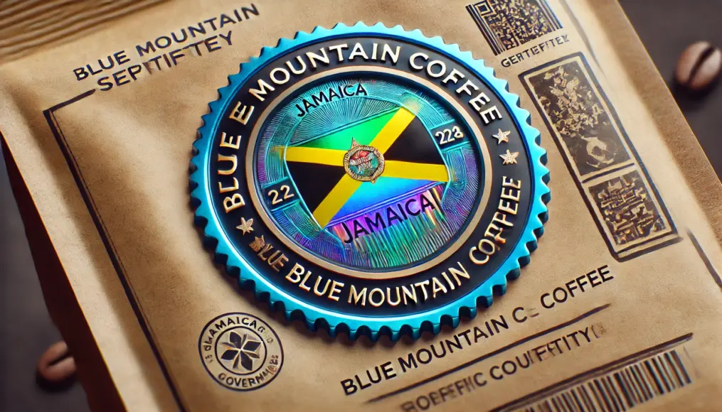 A Jamaican government-certified seal on a Jamaica Blue Mountain Coffee package, featuring a holographic security feature to prevent counterfeiting