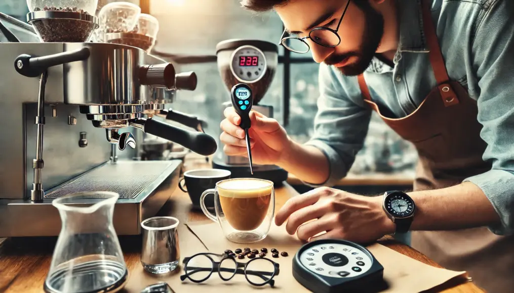 A barista taking notes on brewing variables, carefully monitoring water temperature and extraction time